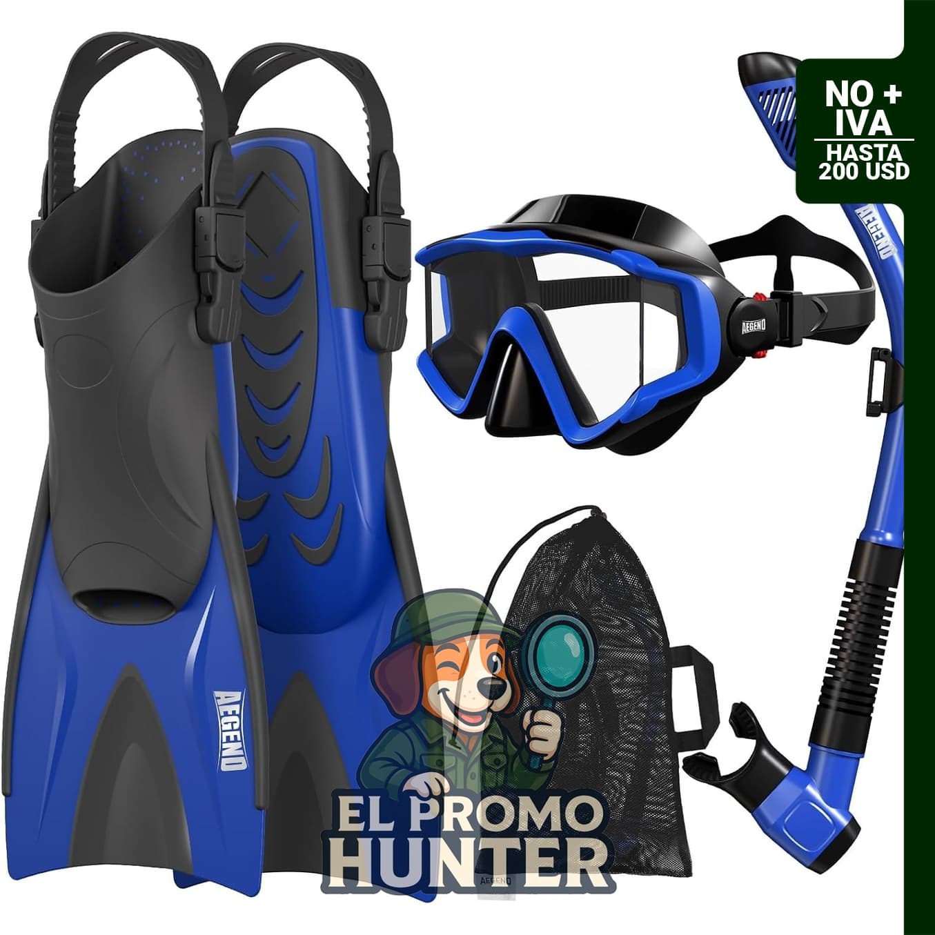 Aegend equipo de snorkel para adultos con máscara panorámica antivaho, aletas ajustables y snorkel seco.