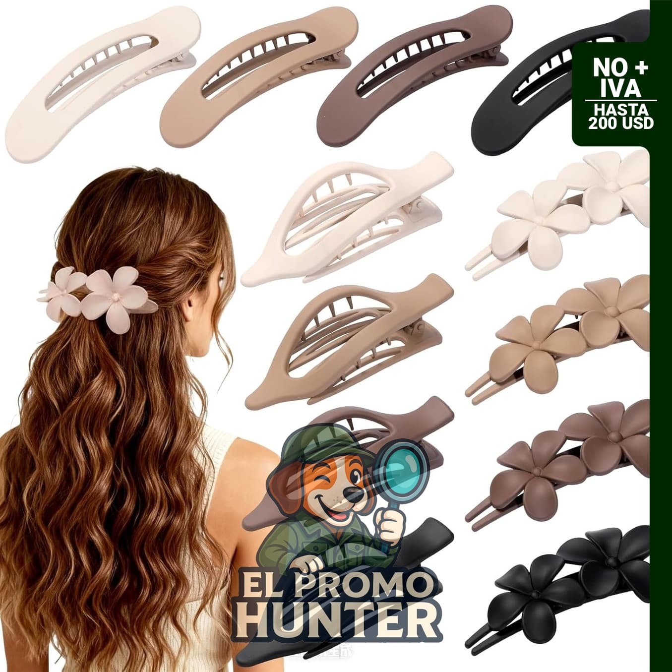 Pack de 12 pinzas planas antideslizantes USDNICE, incluye 3 estilos con garra para sujeción en cabello fino y grueso.