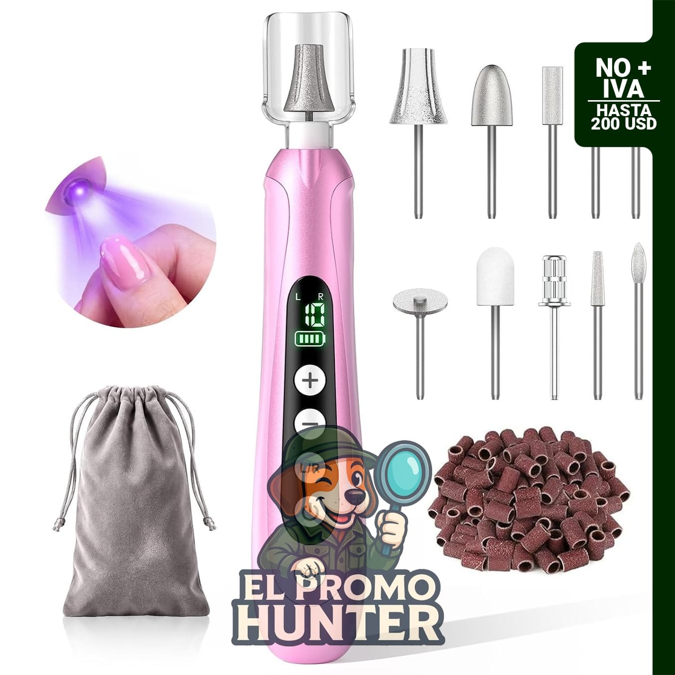 MNKSCOF Kit de taladro de uñas profesional, lima eléctrica con luz LCD, 10 velocidades, 10,000 rpm, inalámbrico.