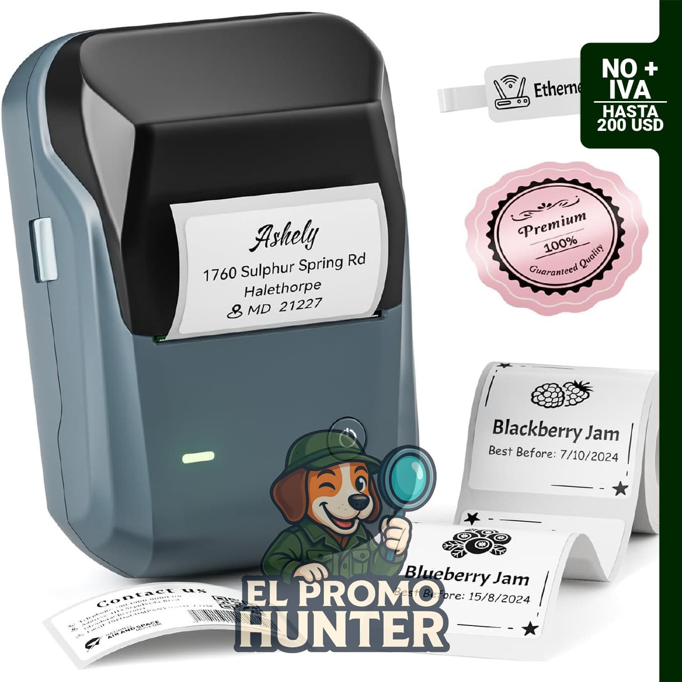 Impresora térmica NIIMBOT B1, conectividad Bluetooth, ancho de 2" (5 cm), incluye cinta impermeable y plantillas.