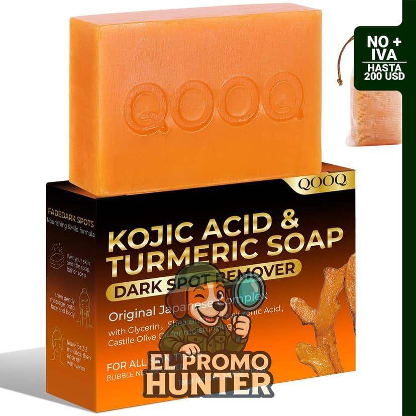 QOOQ Jabón de Cúrcuma y Ácido Kójico, barra de limpieza facial con ingredientes como Vitamina C, Retinol, Colágeno y Glicerina.
