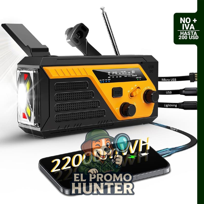Radio de emergencia AM/FM/NOAA con 22000 mWh y 4 cables de carga.