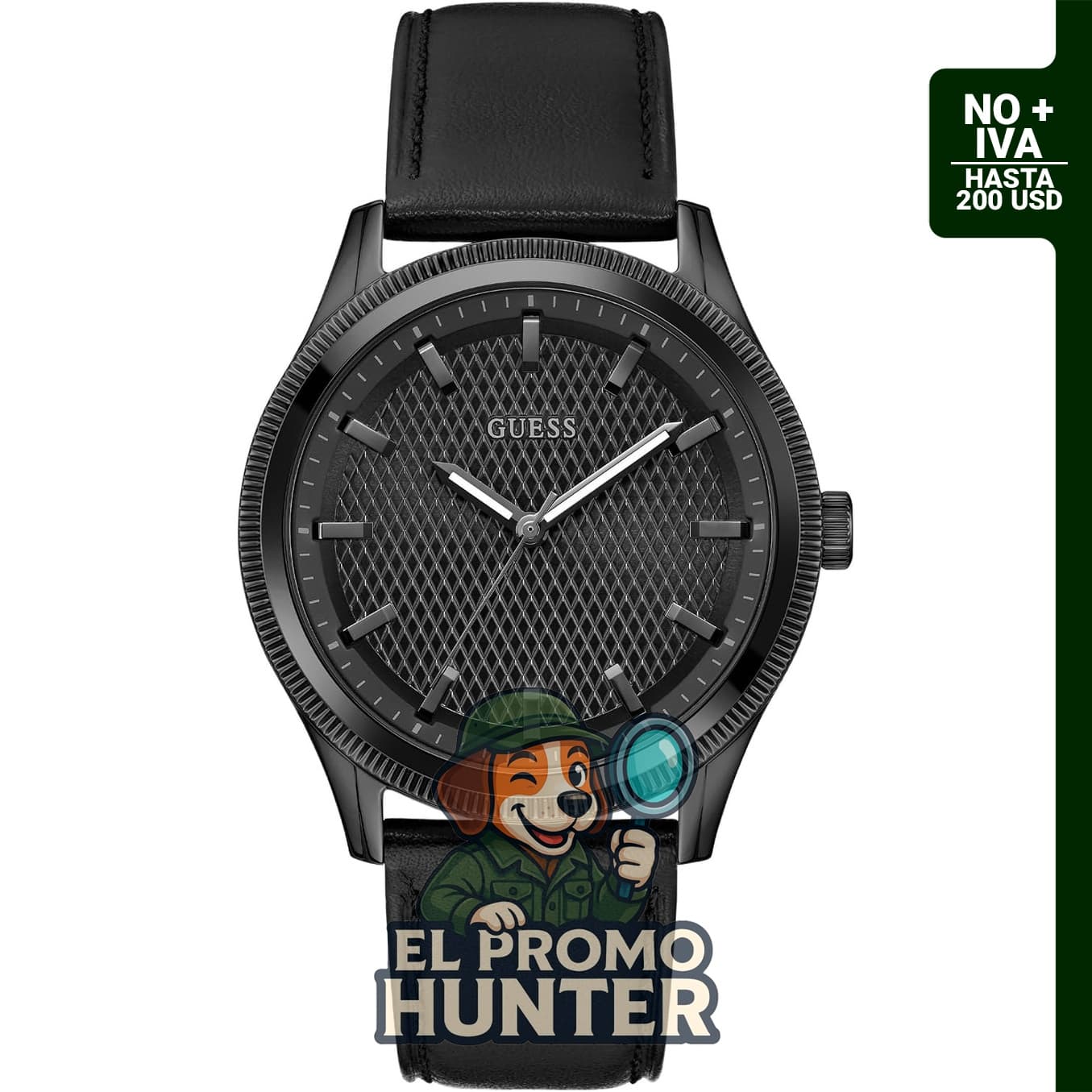 Reloj Guess de 1.732 in (44 mm) para hombre, con correa de cuero negro y esfera negra.