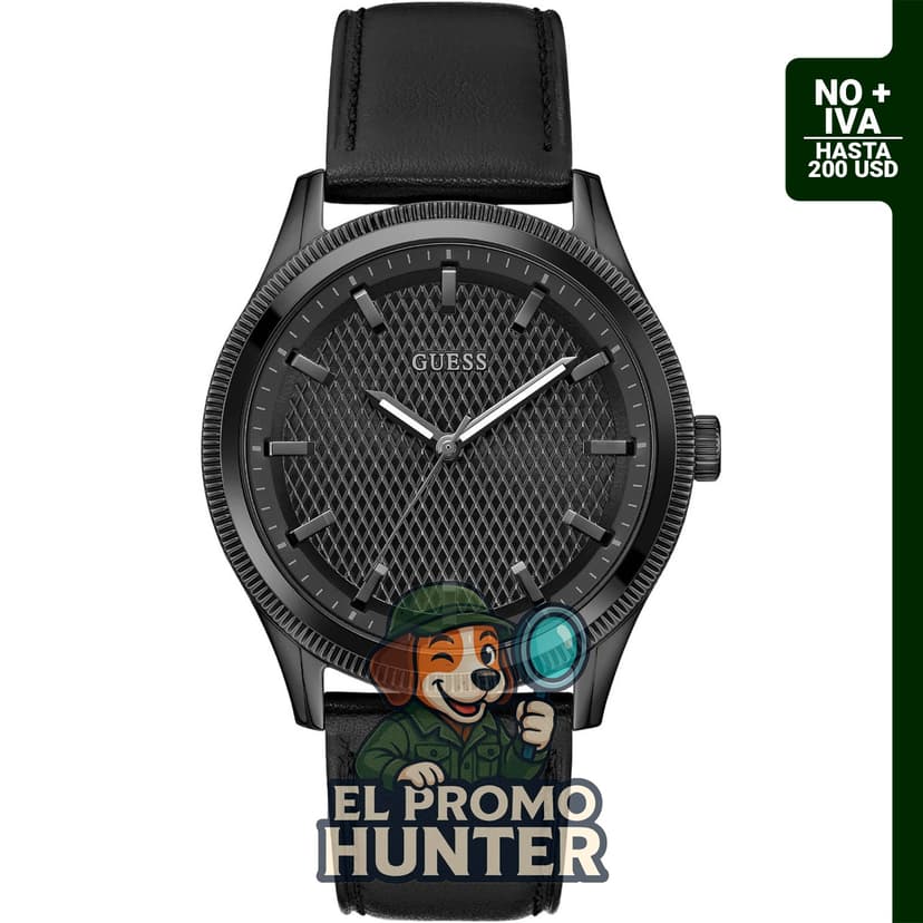 Reloj Guess de 1.732 in (44 mm) para hombre, con correa de cuero negro y esfera negra.