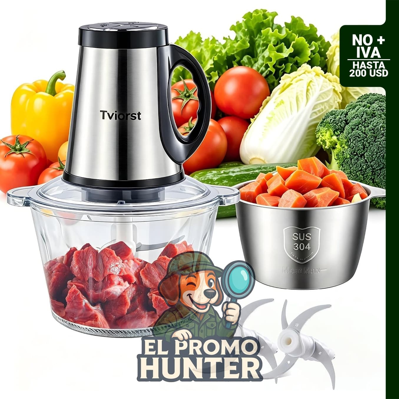 Procesador eléctrico de alimentos OBSHOGUE, picadora de 3 velocidades, incluye cuencos de acero inoxidable y vidrio (8 tazas cada uno).