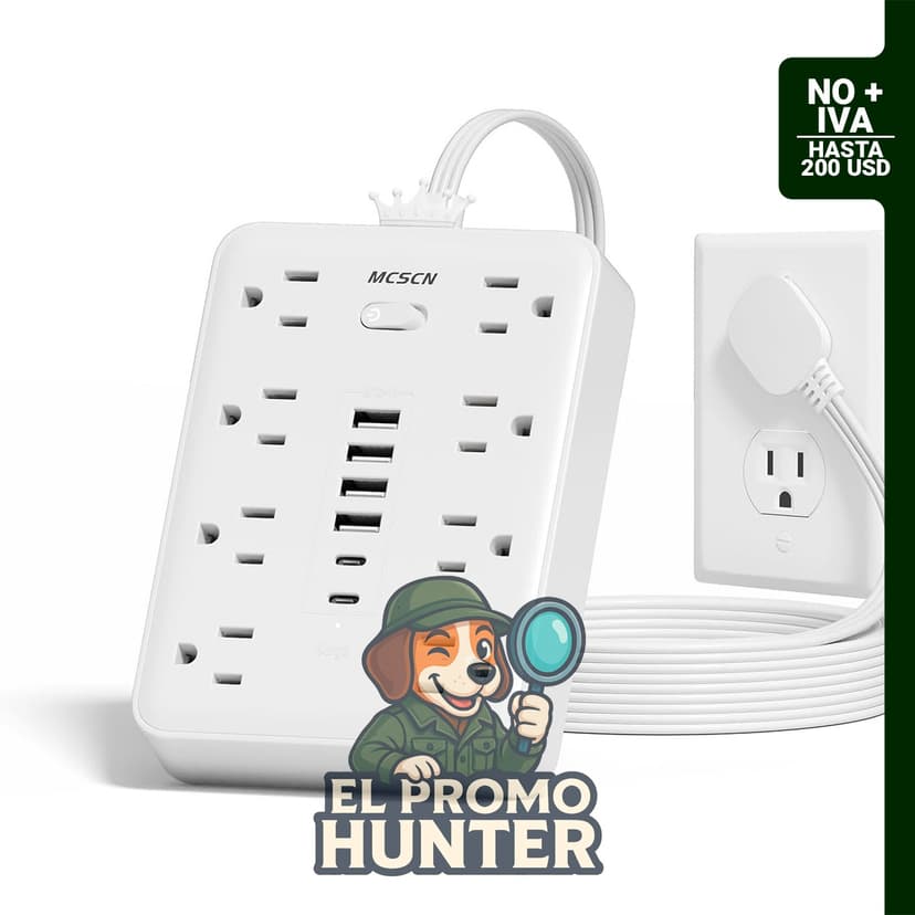 Regleta de protección contra sobretensiones con 8 tomas y 6 puertos USB, enchufe plano de 5 pies.