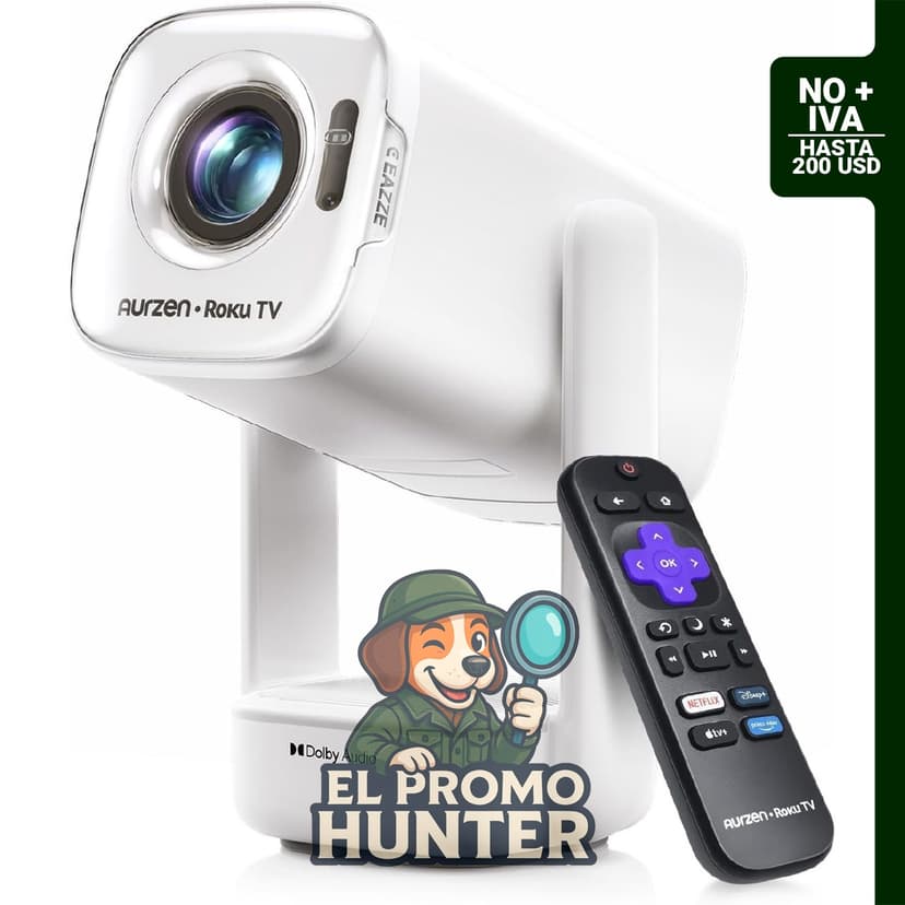 Aurzen Roku TV Proyector portátil inteligente con resolución nativa 1080P, Wifi y Bluetooth, alimentado por USB-C.