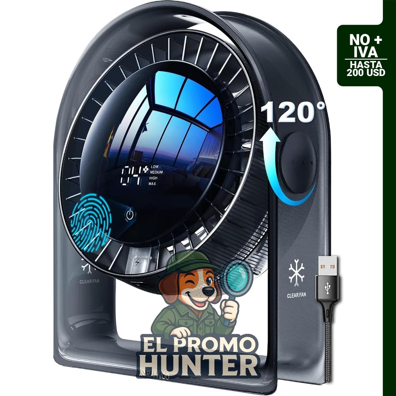 Ventilador de escritorio 2026, ventilador USB portátil con pantalla inteligente y 4 velocidades.