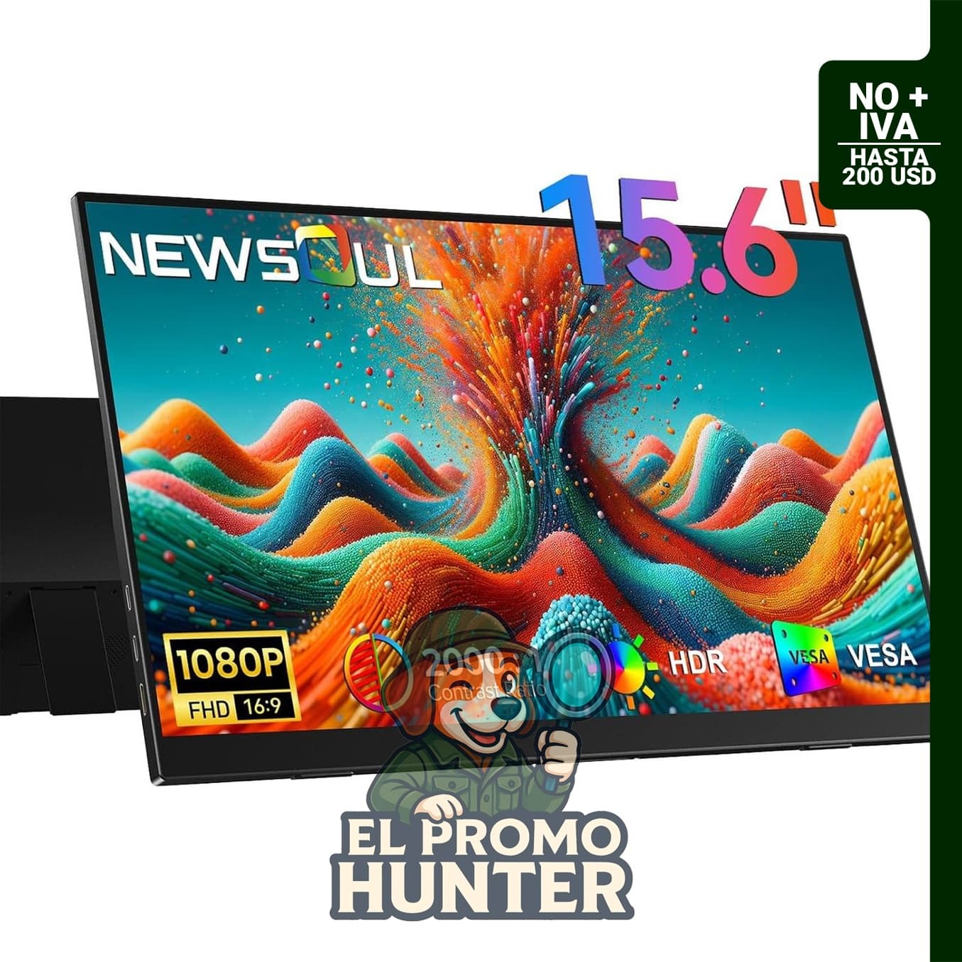 Monitor portátil Newsoul de 15.6" (39.6 cm) con 108% sRGB, contraste 2000:1, USB C y Mini HDMI.