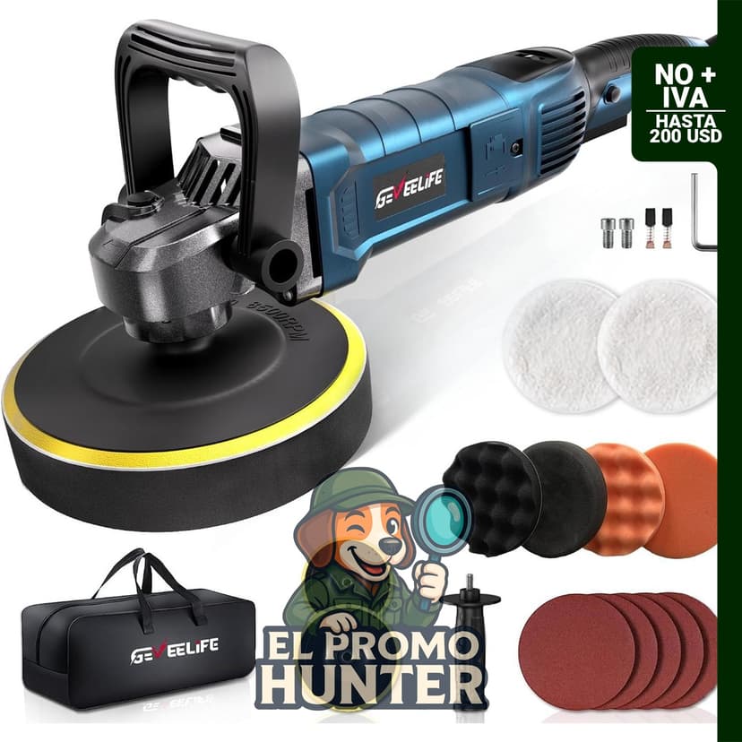 GEVEELIFE Pulidora Buffer rotatoria de 6"/7" (1600W) con 7 velocidades de 1000-3500 RPM y mango desmontable.