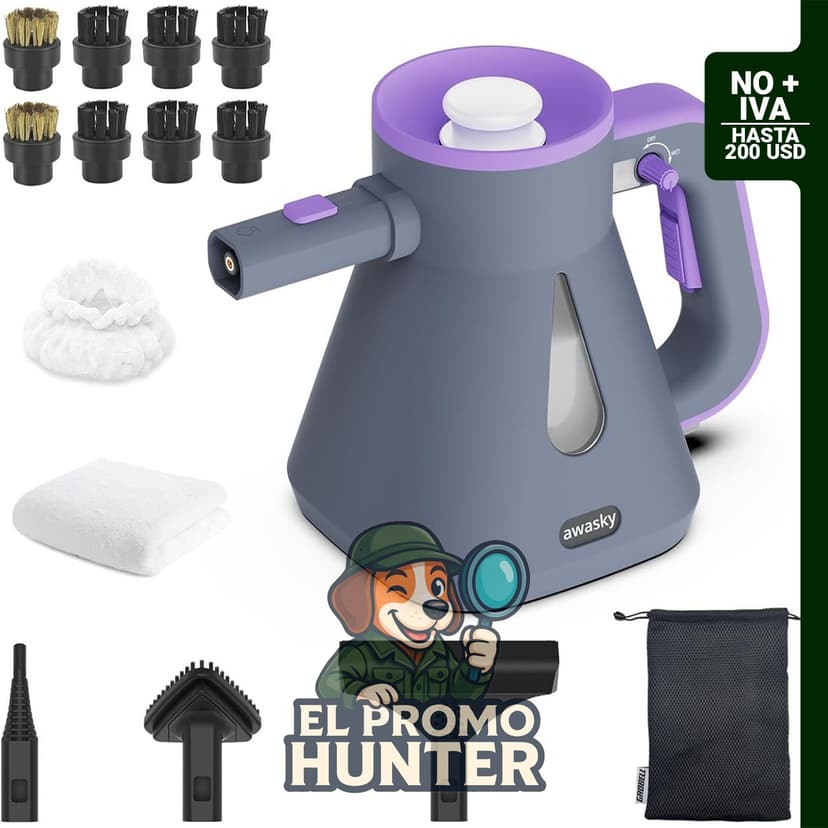 awasky Limpiador de vapor de mano 1200W con tanque de 25.4 fl oz (750 ml), incluye kit de 14 piezas.