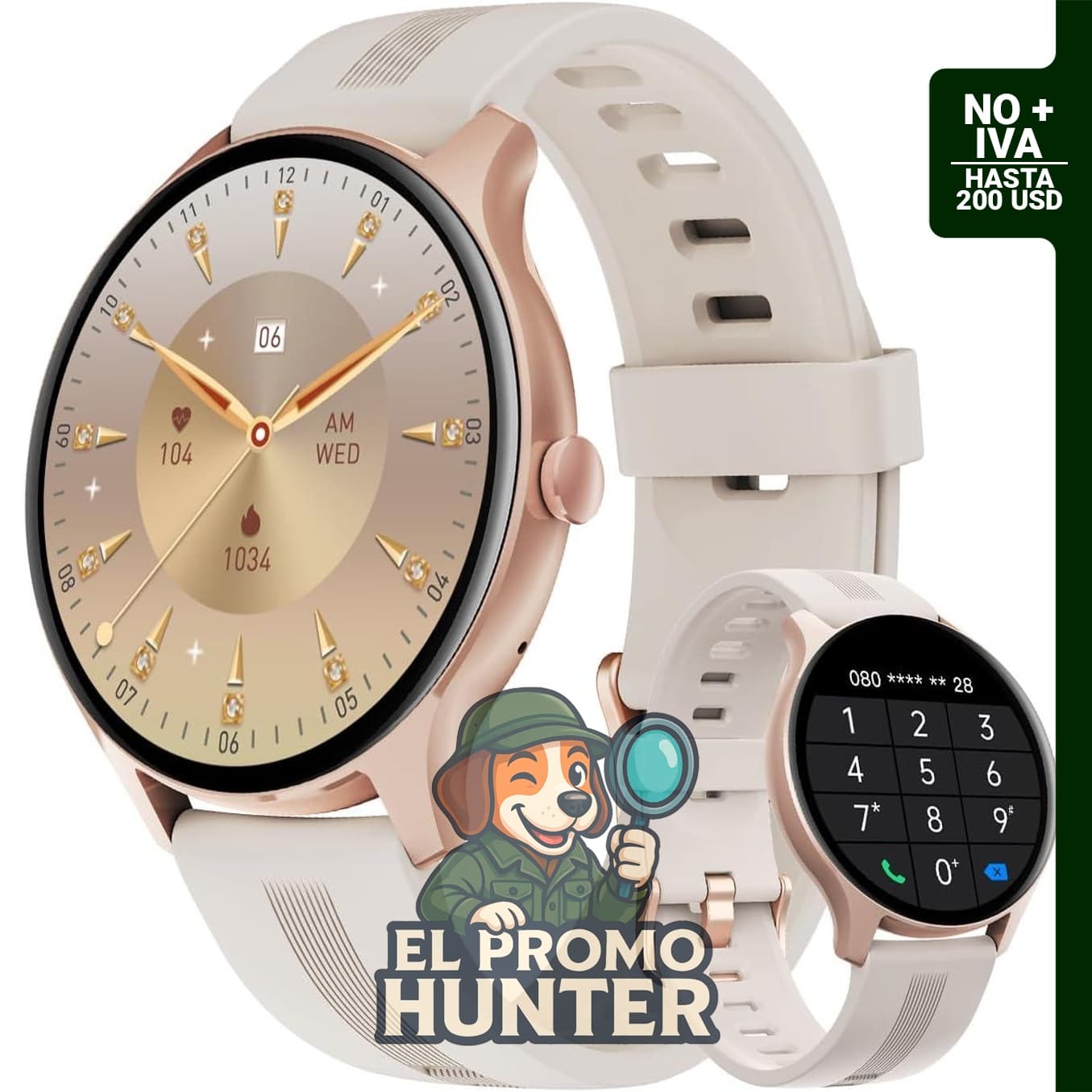 HUAKUA Reloj inteligente redondo con monitor de ritmo cardíaco y seguimiento de sueño, compatible con iPhone/Android.