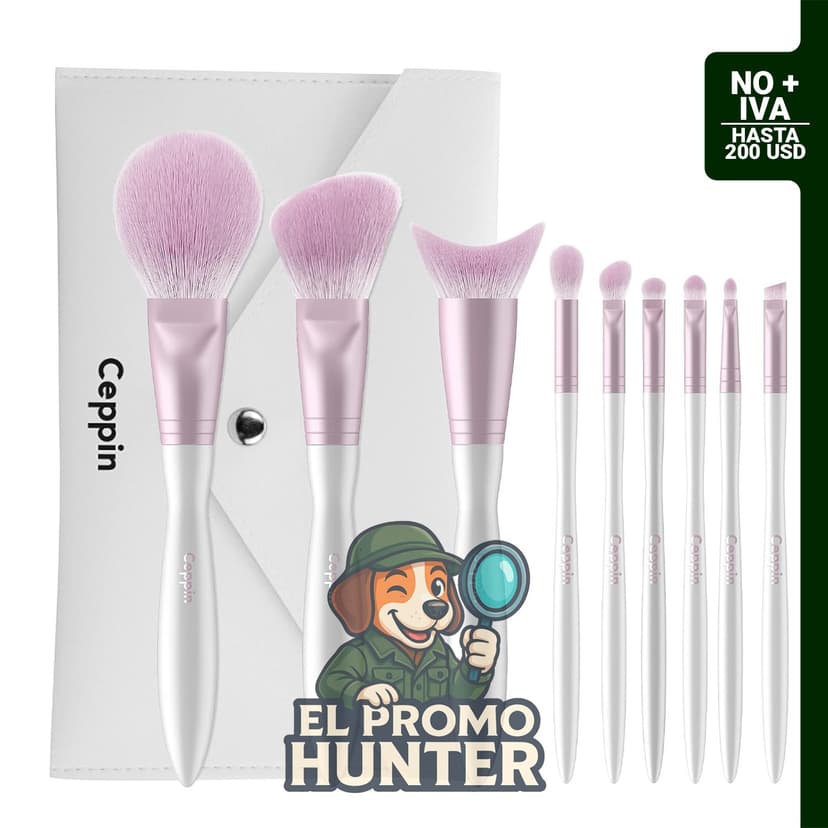 Juego de 9 brochas de maquillaje profesional con bolsa de viaje, incluye herramientas para base, contorno, sombra, cejas y labios.