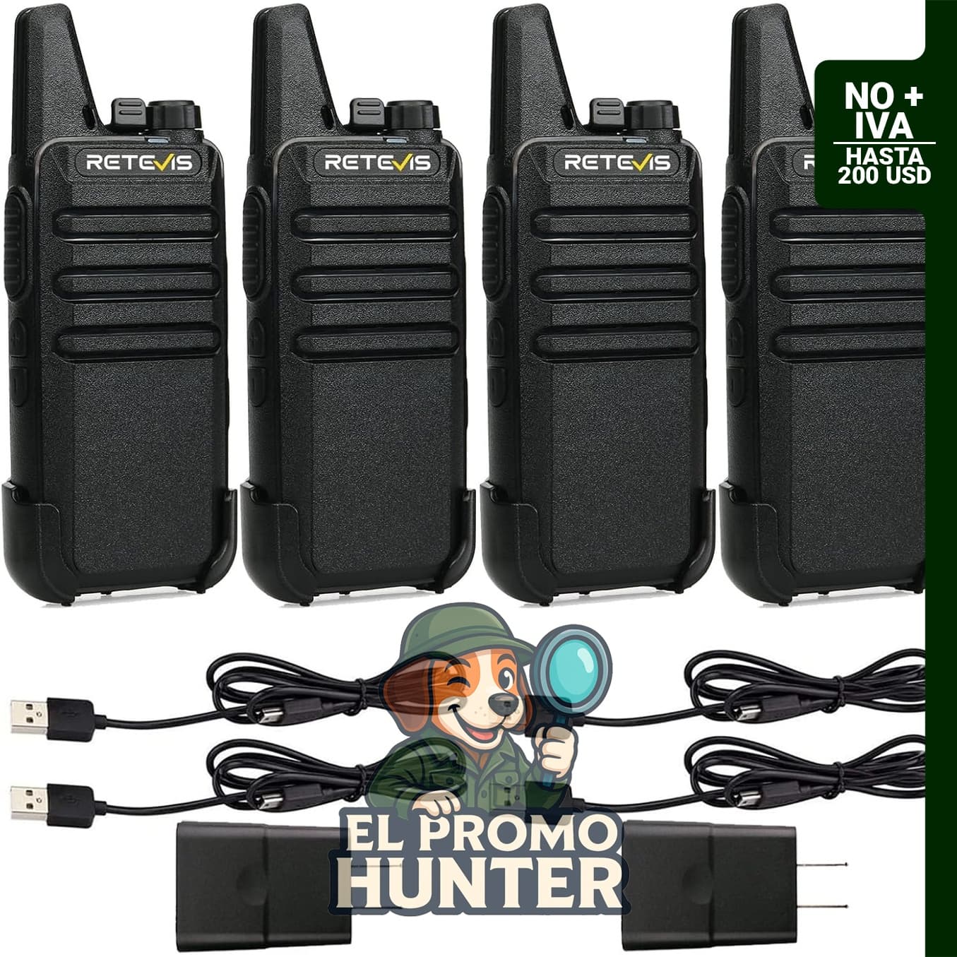 Retevis RT22, radio bidireccional recargable de largo alcance, carga USB-C, paquete de 4 unidades.