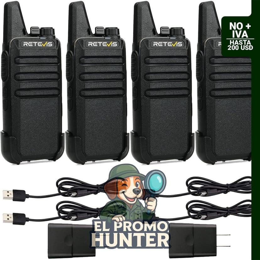 Retevis RT22, radio bidireccional recargable de largo alcance, carga USB-C, paquete de 4 unidades.