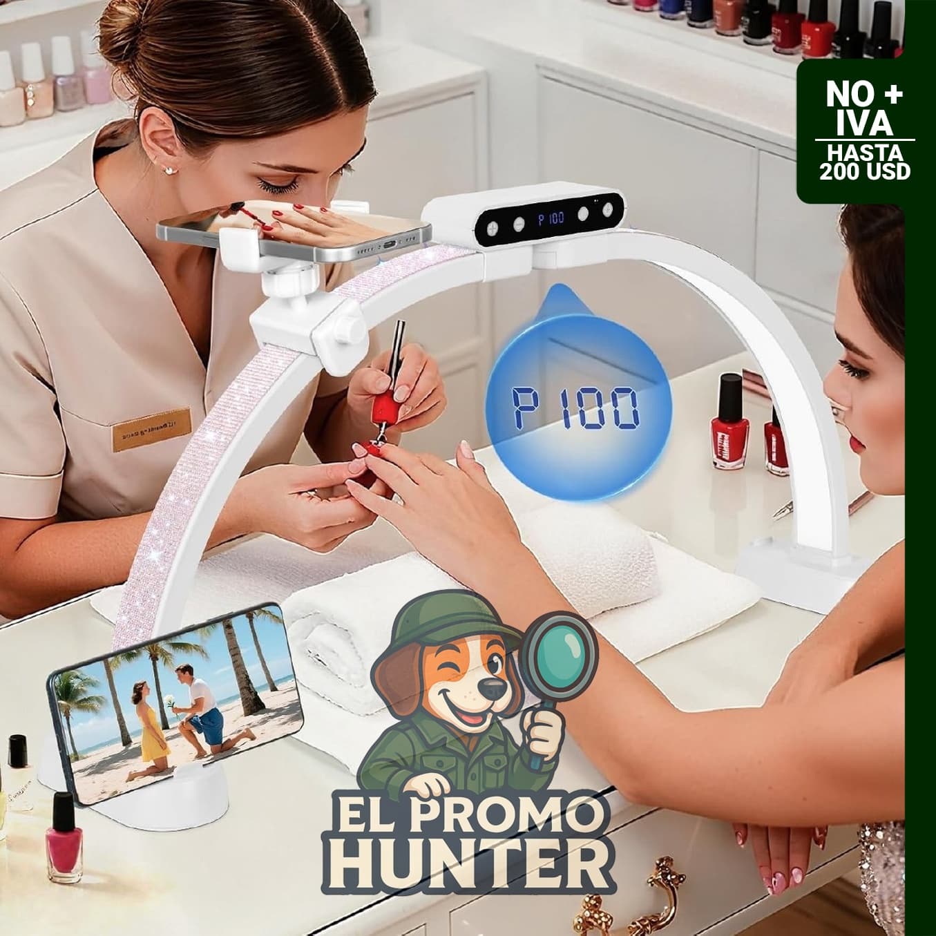 KIRKAS Luz de media luna de 61 cm para escritorio de uñas, con soporte para teléfono y brillo ajustable.