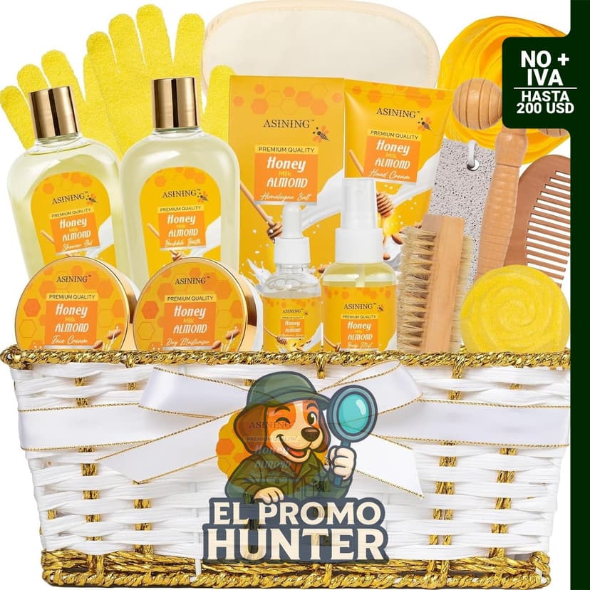 Set Spa Mujer 17 Piezas Miel y Almendra con Cesta, incluye productos de baño y cuidado corporal.