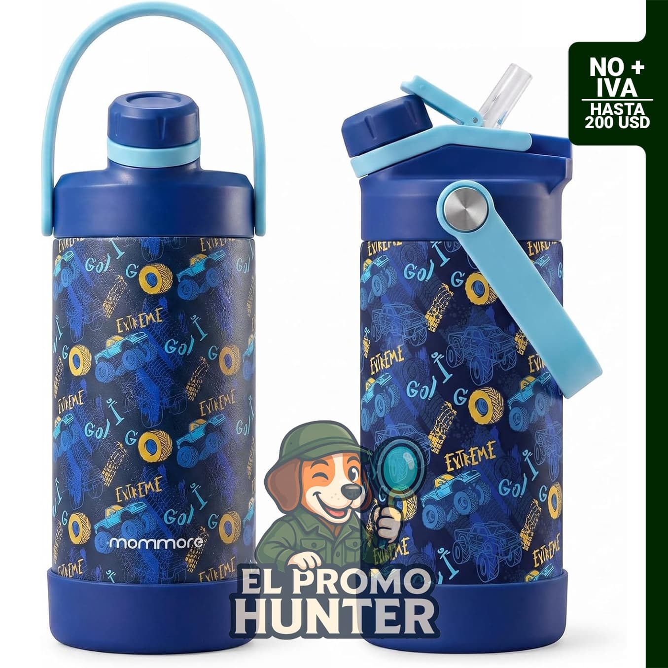 Mommore Botella de agua aislada para niños de 355 ml, 2 en 1 con sorbo y popote.