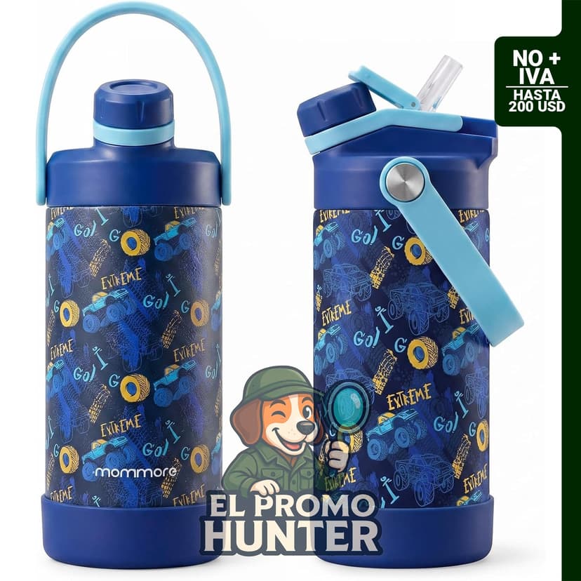 Mommore Botella de agua aislada para niños de 355 ml, 2 en 1 con sorbo y popote.
