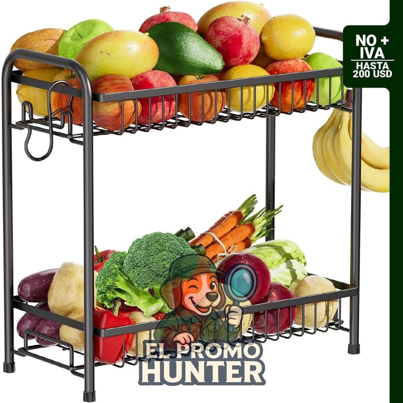 Frutero de 2 niveles con gancho para plátanos, color negro, 42 cm de altura.
