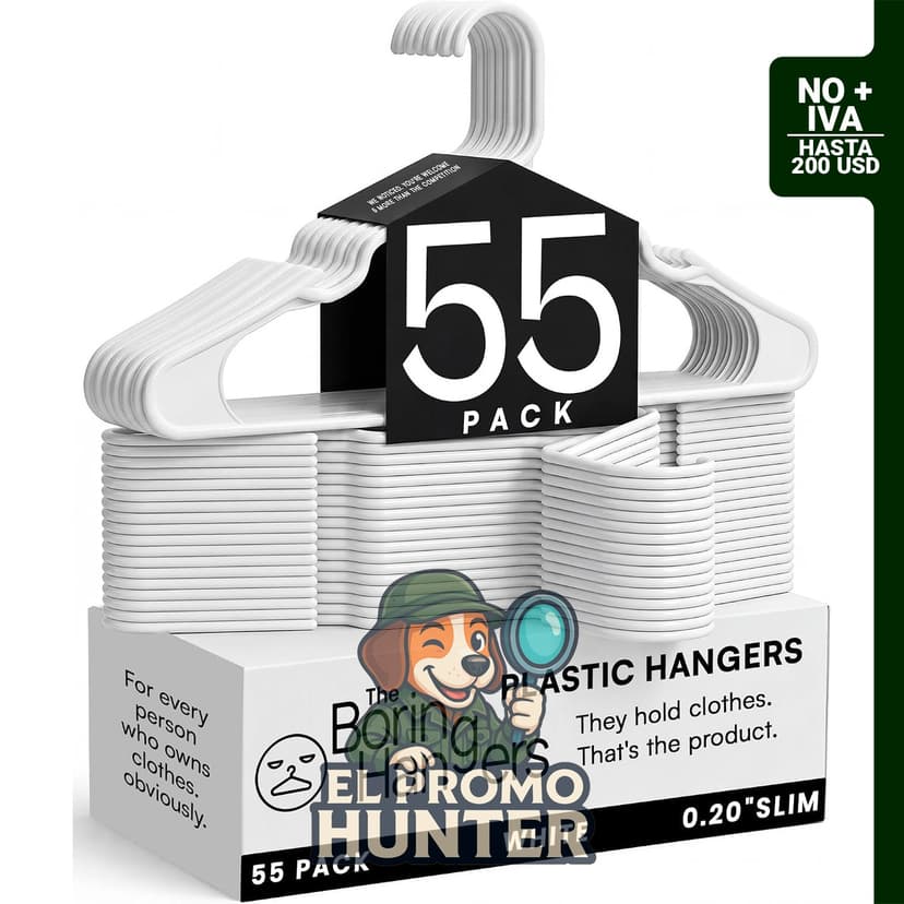 Pack de 55 perchas de plástico blanco, resistentes hasta 4.5 kg, 0.25 pulgadas (6.4 mm) de grosor.