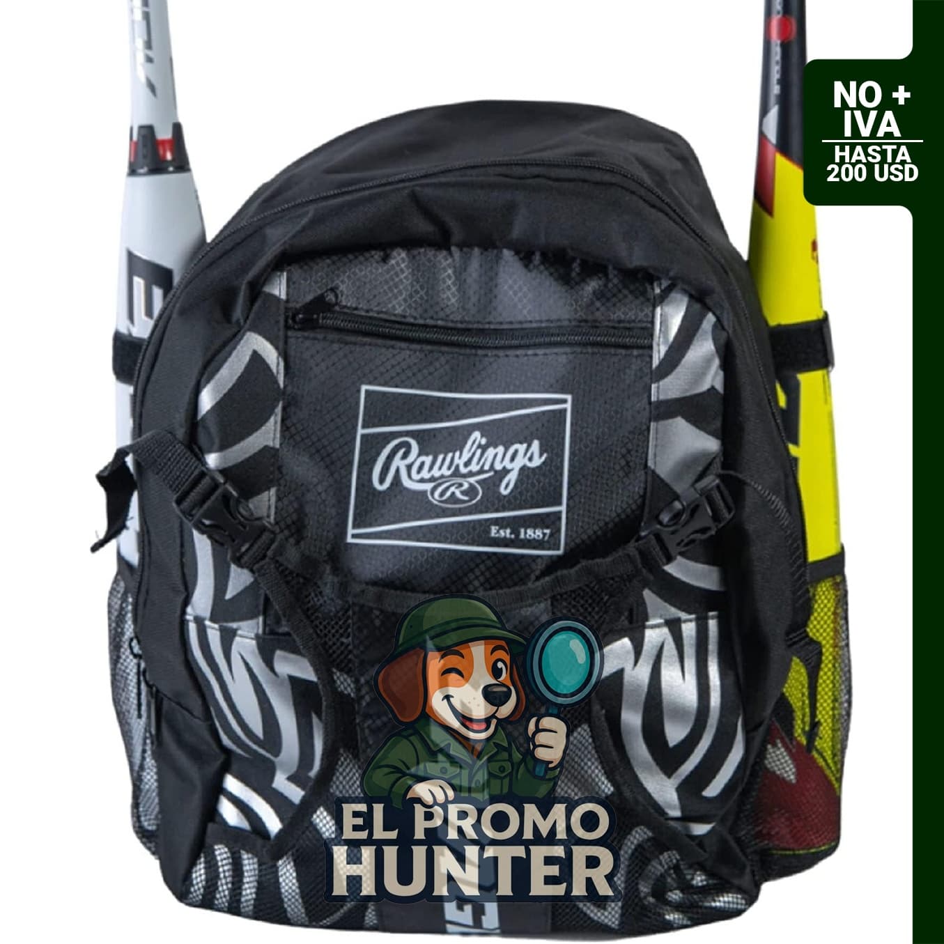 Mochila Rawlings SAVAGE para béisbol juvenil, incluye 2 fundas para bates.