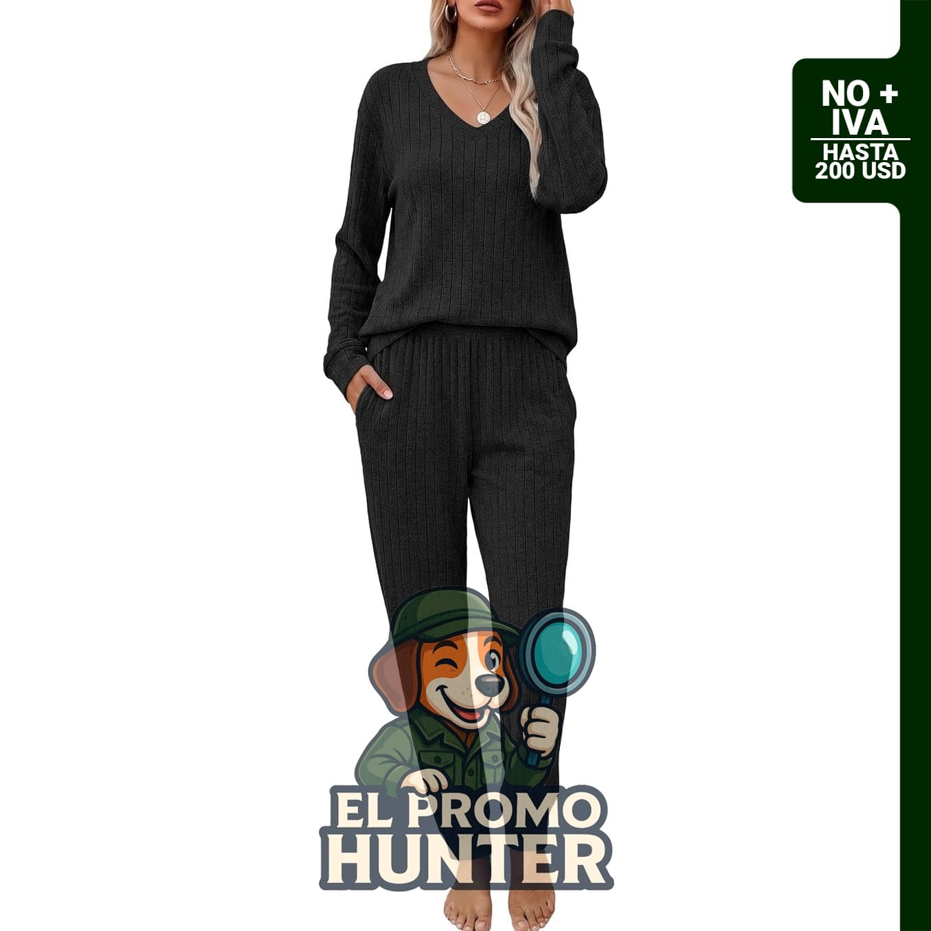 Conjunto de descanso de 2 piezas para mujer, incluye camiseta de manga larga y pantalones de pijama de punto acanalado.