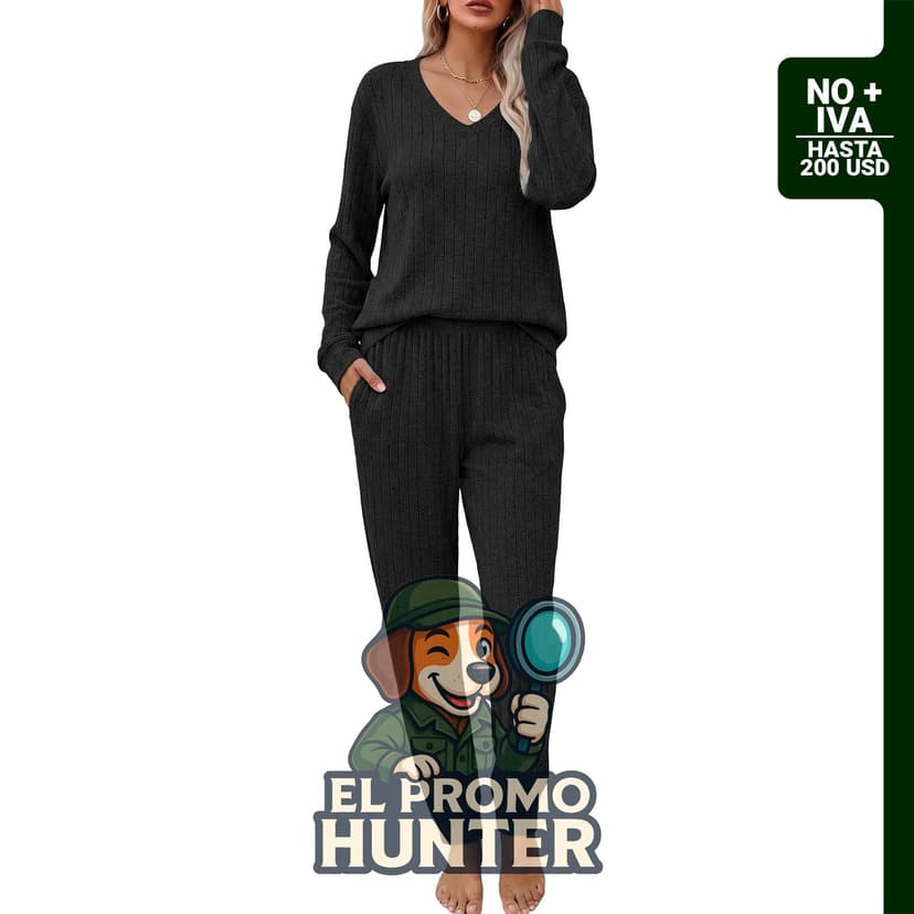 Conjunto de descanso de 2 piezas para mujer, incluye camiseta de manga larga y pantalones de pijama de punto acanalado.