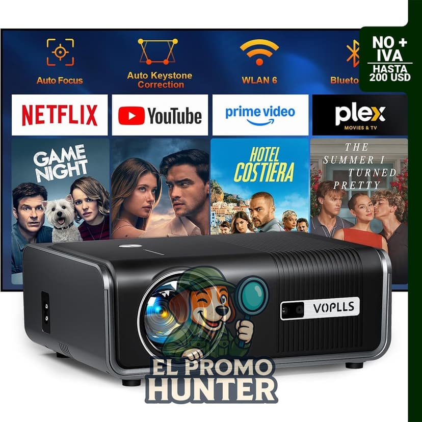Proyector inteligente VOPLLS Native 1080P, 2000 ANSI, con WiFi y Bluetooth, enfoque automático y Keystone.