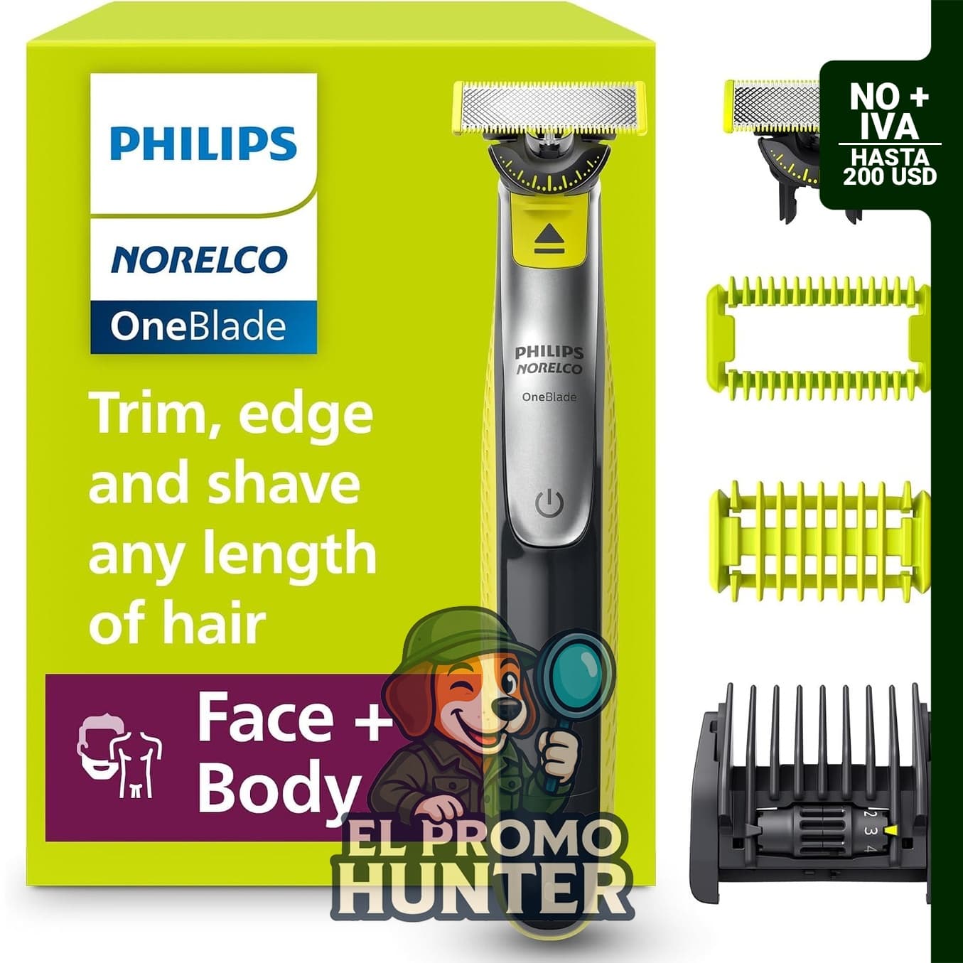 Philips Norelco QP2834/70, recortadora eléctrica 5 en 1 para cara y cuerpo, incluye peine ajustable.