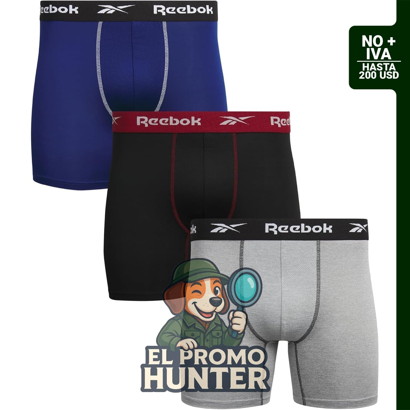 Boxer Reebok para hombre, paquete de 3 unidades, con diseño de ajuste contorneado y 6" (15 cm) de entrepierna.