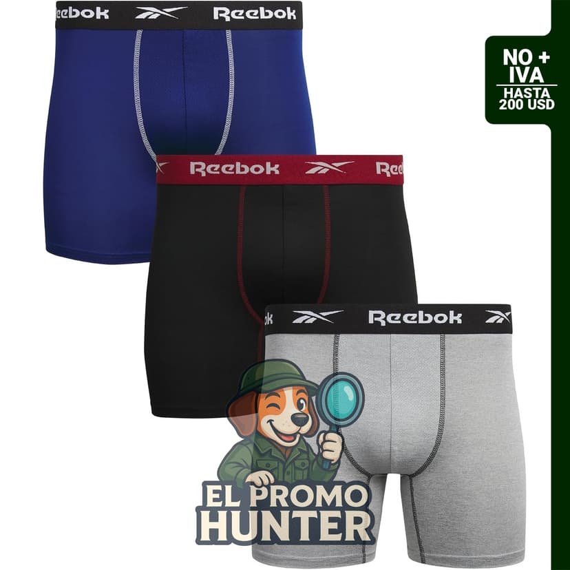 Boxer Reebok para hombre, paquete de 3 unidades, con diseño de ajuste contorneado y 6" (15 cm) de entrepierna.