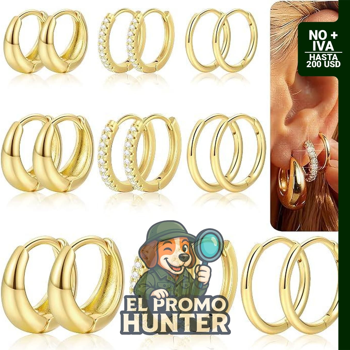 Juego de 9 pares de aretes de aro de oro para mujer, chapados en oro de 14 quilates, hipoalergénicos y ligeros.