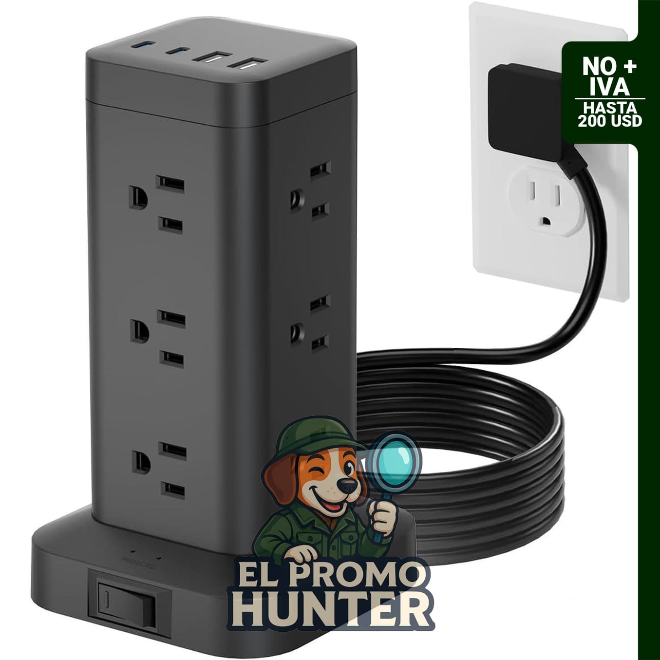 Regleta de alimentación en torre con 12 tomas y 4 puertos USB (2 USB-C), protector de sobretensiones de 1800J.