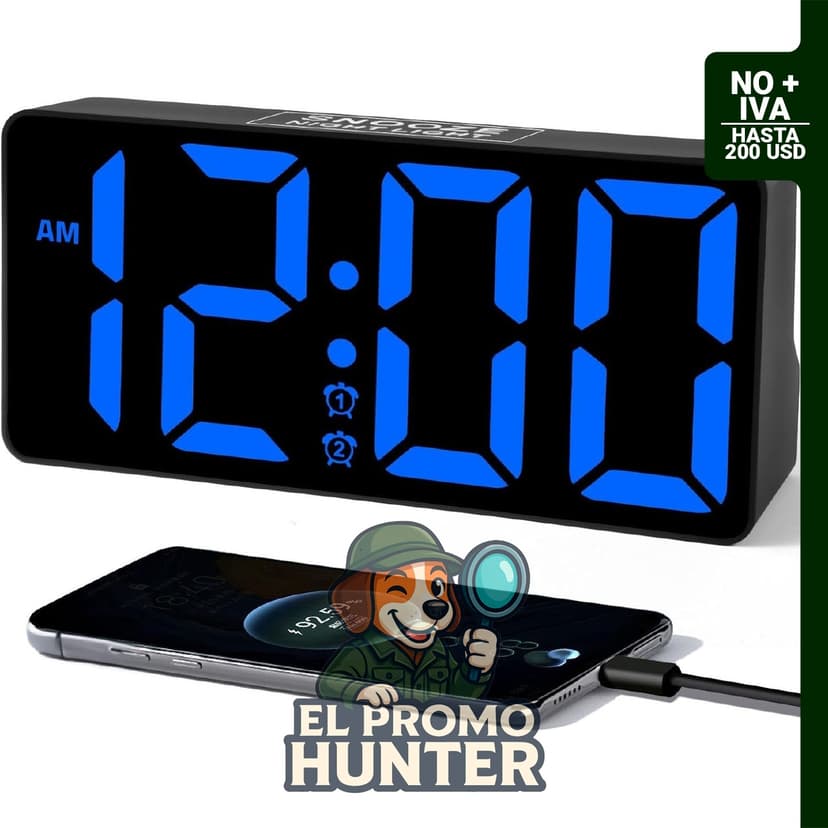 Reloj despertador digital de 7 pulgadas con luz nocturna, alarmas dobles y puertos de carga USB.