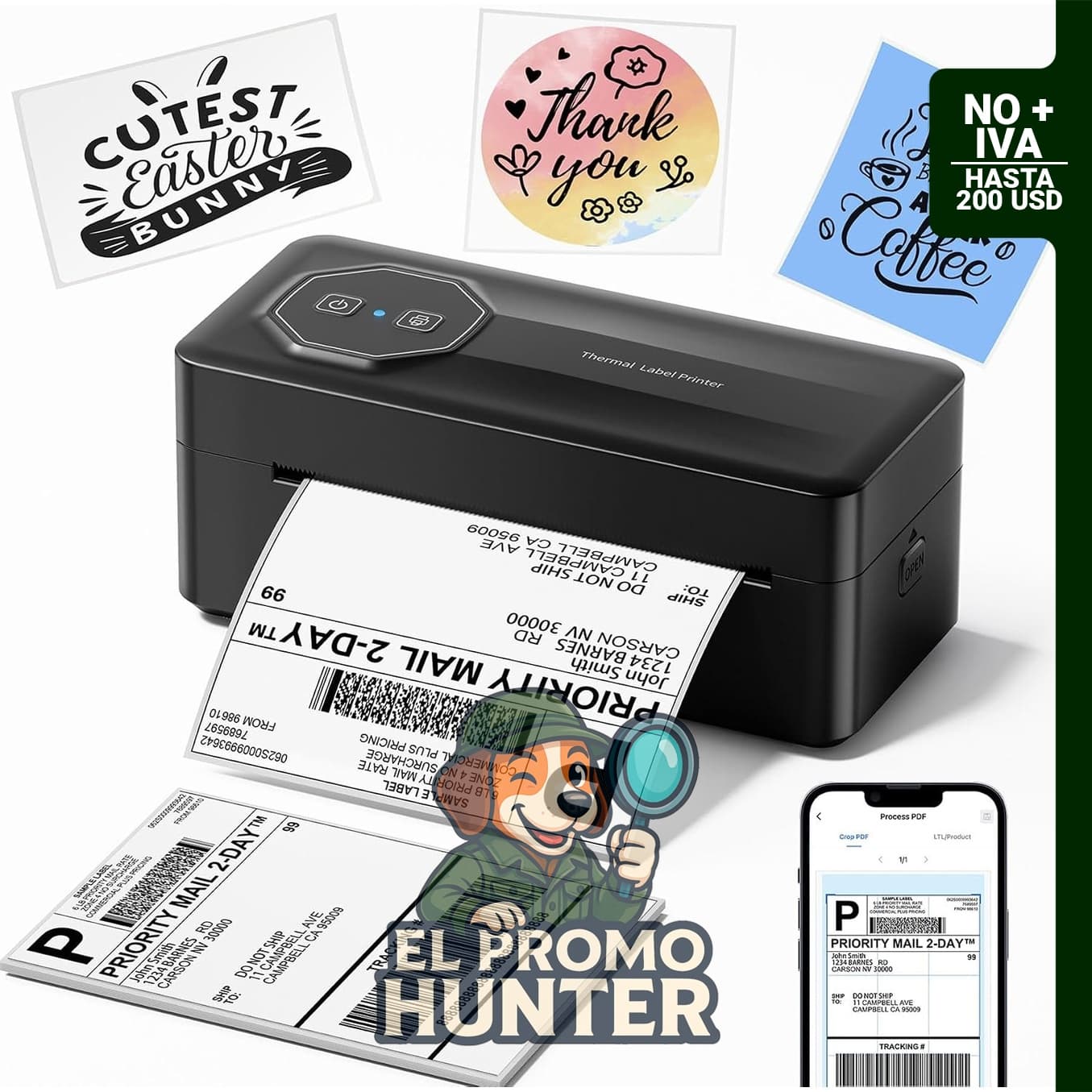 TATTMUSE A646, impresora térmica Bluetooth de etiquetas de envío, 4 x 6, compatible con iPhone, Android, Windows y Mac.