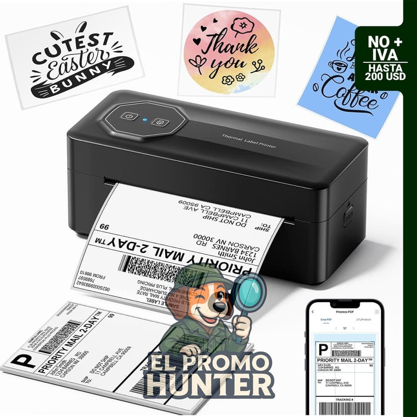 TATTMUSE A646, impresora térmica Bluetooth de etiquetas de envío, 4 x 6, compatible con iPhone, Android, Windows y Mac.