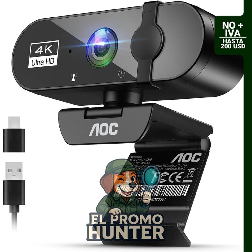 AOC Cámara web 4K con micrófono, USB Plug & Play, campo de visión de 99°, con cancelación de ruido y cubierta de privacidad.