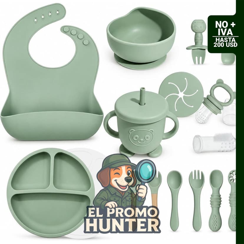 Juego de utensilios de silicona para alimentación para bebés, 17 piezas, color verde.