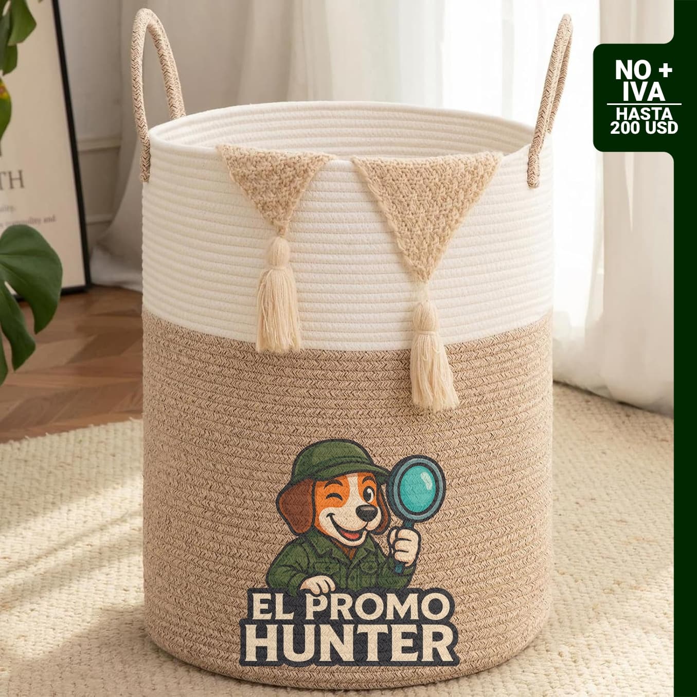 OIAHOMY Cesta de lavandería de 60 litros, color marrón y blanco, fabricada en algodón.
