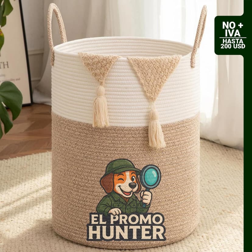 OIAHOMY Cesta de lavandería de 60 litros, color marrón y blanco, fabricada en algodón.