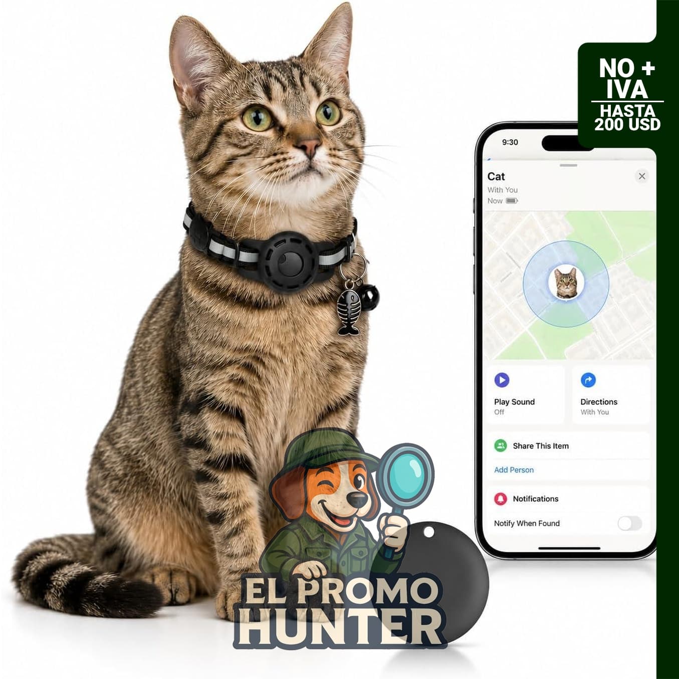 Collar rastreador GPS para gatos, etiqueta inteligente impermeable compatible con Apple Find My.