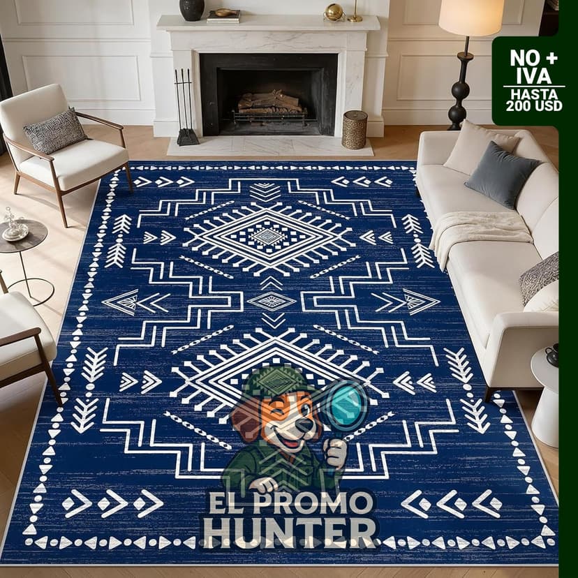 Joydeco Alfombra marroquí azul marino, lavable, pelo bajo, antideslizante, estilo azteca.