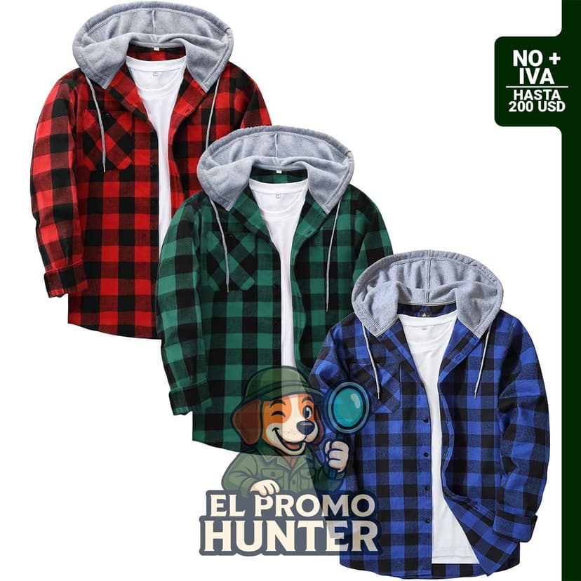 ZITY paquete de 3 camisas de franela con capucha para hombre, manga larga, tipo chaqueta con bolsillo.
