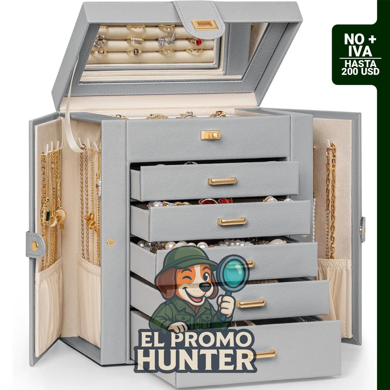 AKOZLIN Organizador de Joyería de 6 Niveles, con 5 cajones para almacenamiento de anillos, collares, aretes y pulseras.