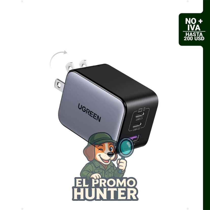 UGREEN Nexode X, cargador de pared USB C de 65 W con 3 puertos PPS, compacto y plegable.