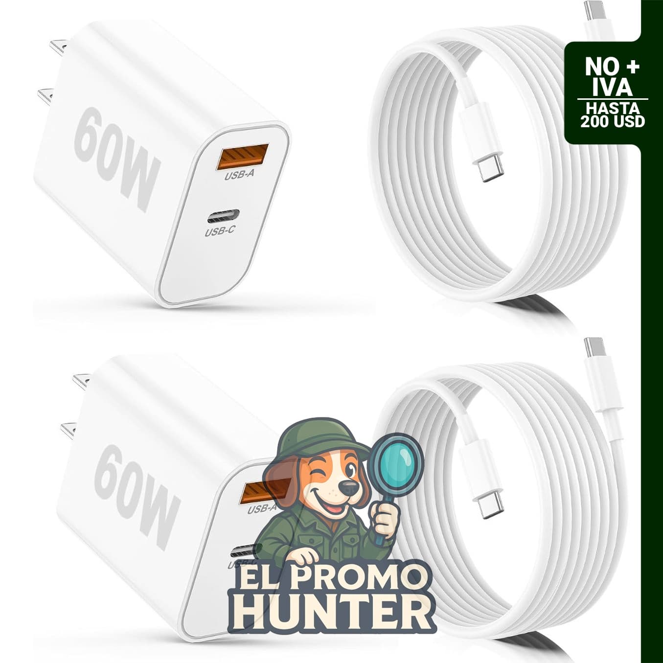 Cargador de pared USB-C de doble puerto con PD 40 W y carga rápida QC 20 W, incluye cable USB-C de 10 pies.