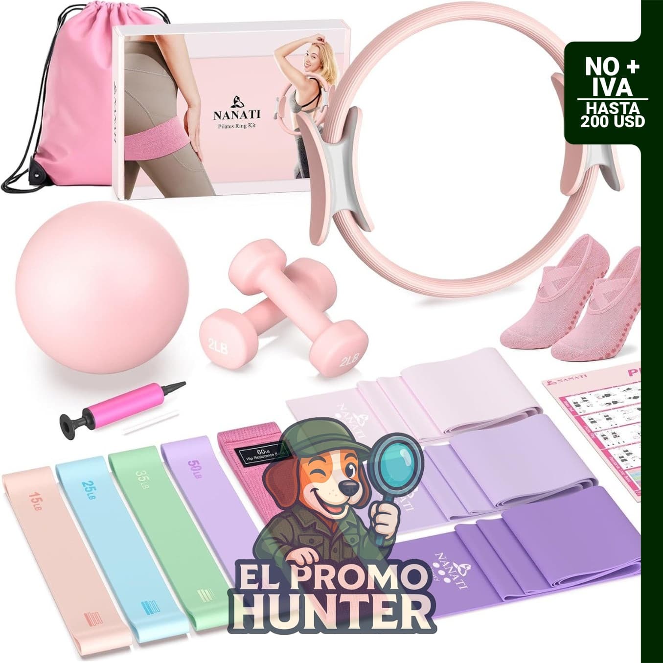 Kit de Pilates NANATI para entrenamiento en casa, incluye anillo de 14.5" (37 cm), pelota, bandas de resistencia, mancuernas y calcetas.