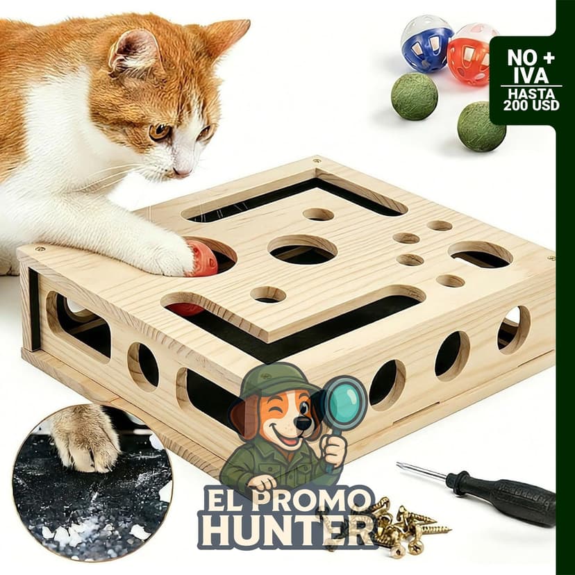 Lima de uñas de gato y caja de enriquecimiento de rompecabezas de madera con 2 hierbas gateras y 3 bolas.