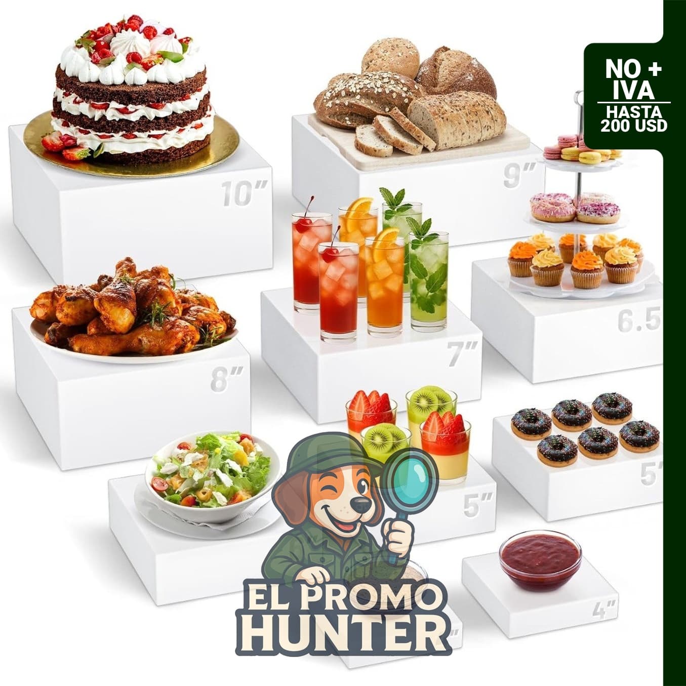 Juego de 10 elevadores de comida acrílicos blancos para bufé y exhibición de postres.